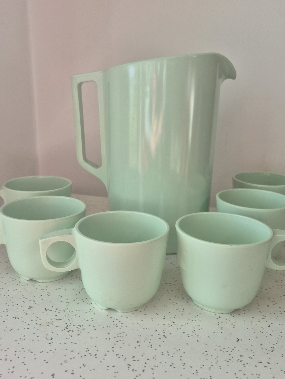 Mint Green Melamine Pitcher And 6 Nesting Mugs